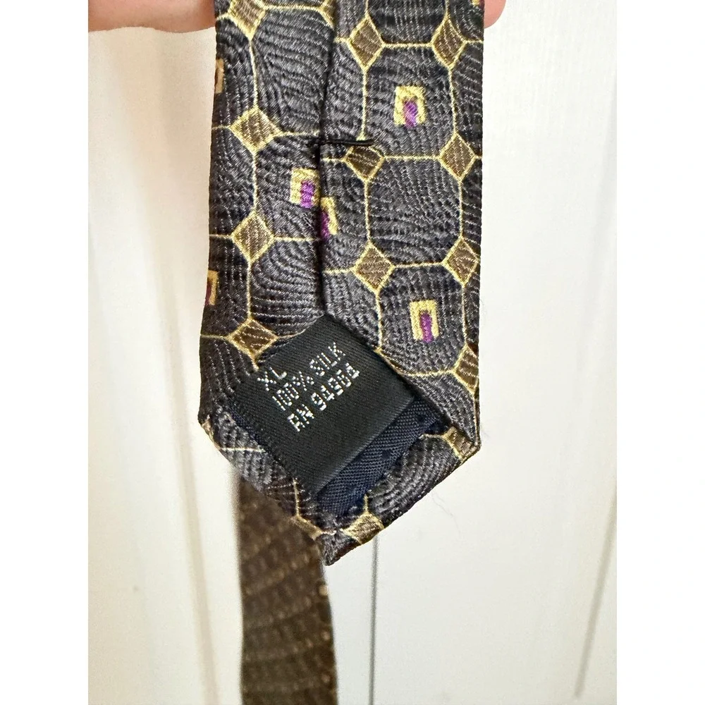 Alexander Lloyd Menswear Silk Tie Geometric Gold Purple Black Extra Long XL